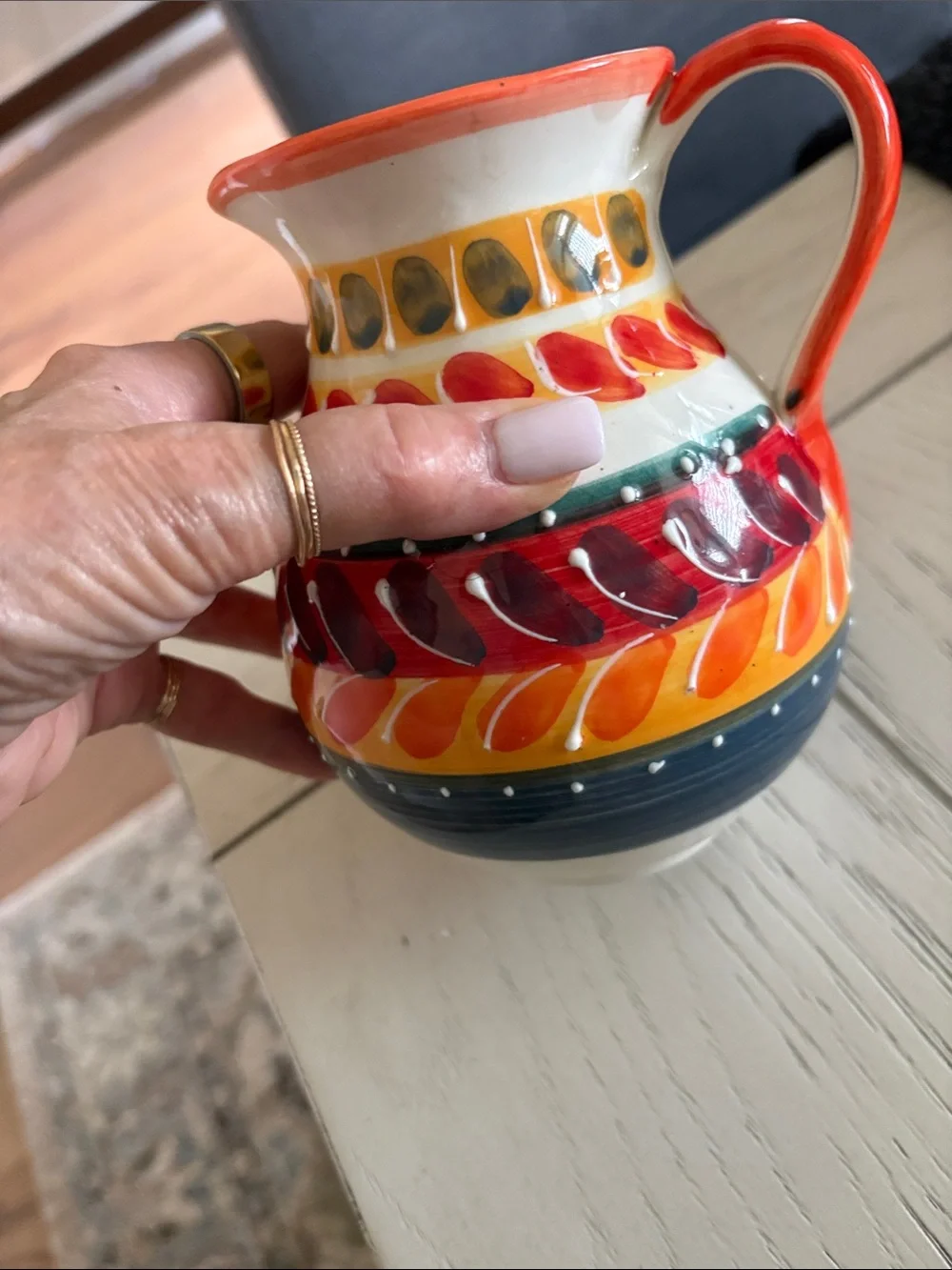 Hand-Painted Ceramic Pitcher in Red, Orange, Yellow, Green